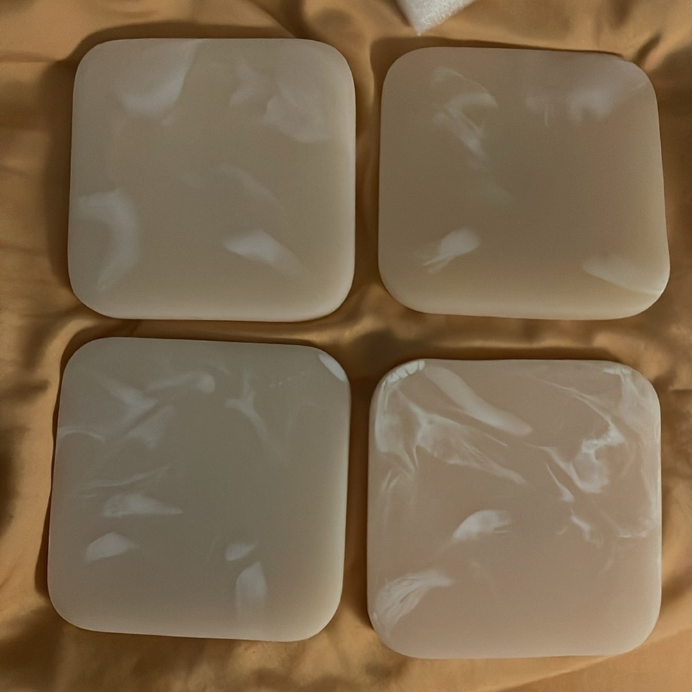 Ririku Resin Coasters new in box cream with white marbling‎ effect. Marked.